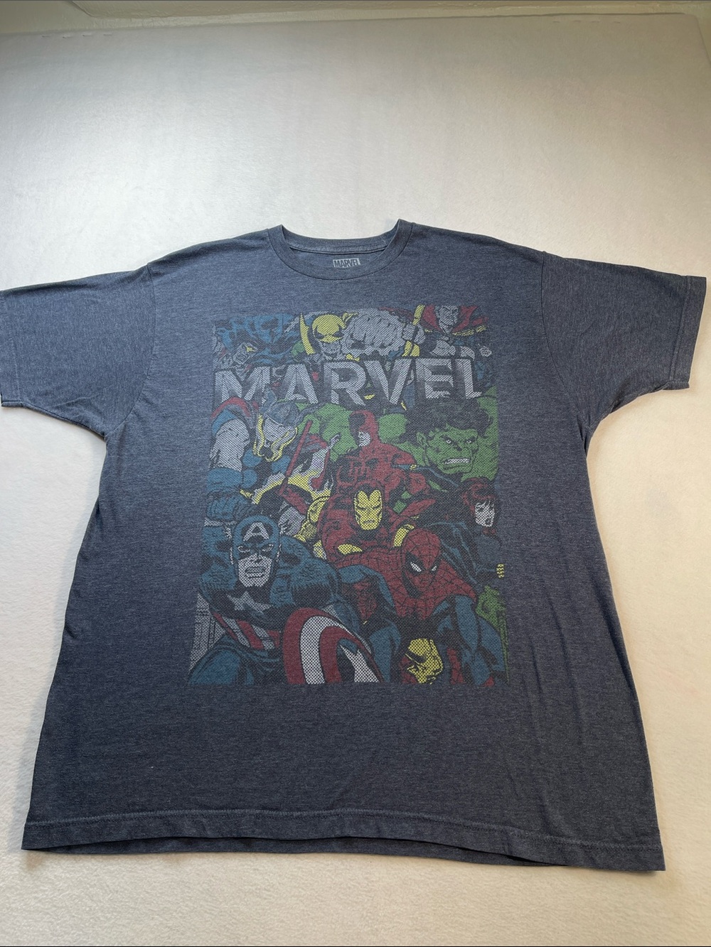 Marvel Men's Short Sleeve Tee in Heather Navy with Superhero Graphic SIZE XL
